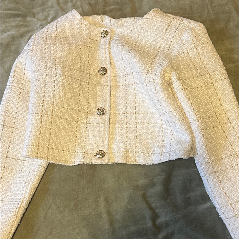 SHEIN Cream Tweed Cropped Blazer